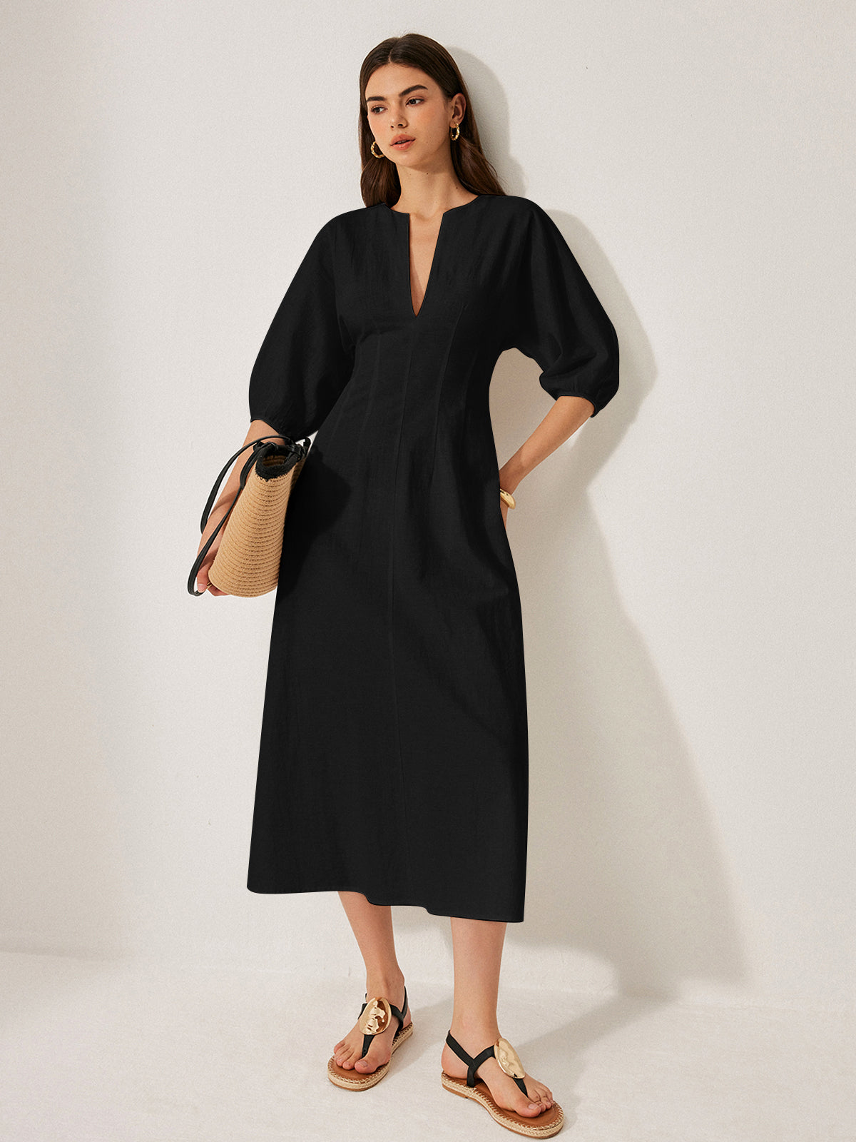 Cotton and Linen Dress with Puff Sleeves