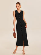 Ribbed Knit Midi Dress with Button Details