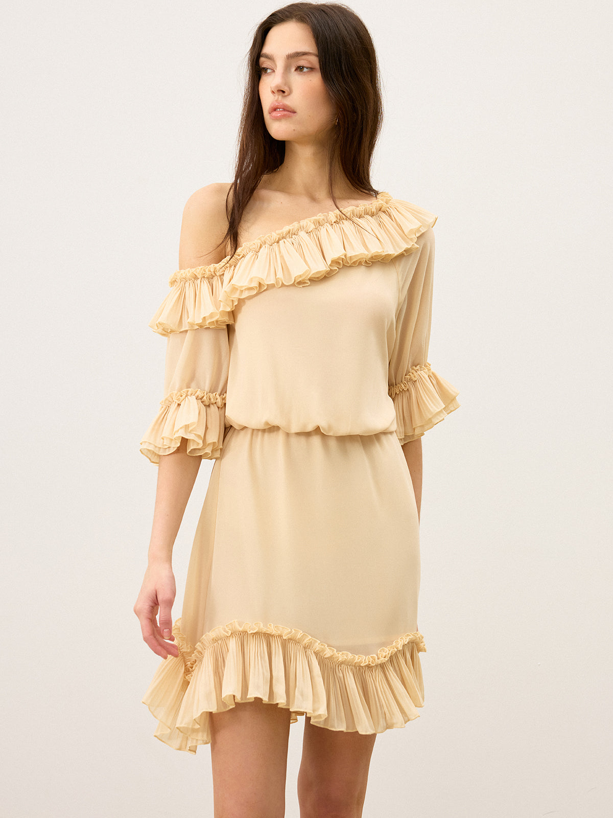 One-Shoulder Chiffon Mini Dress with Ruffle Detail
