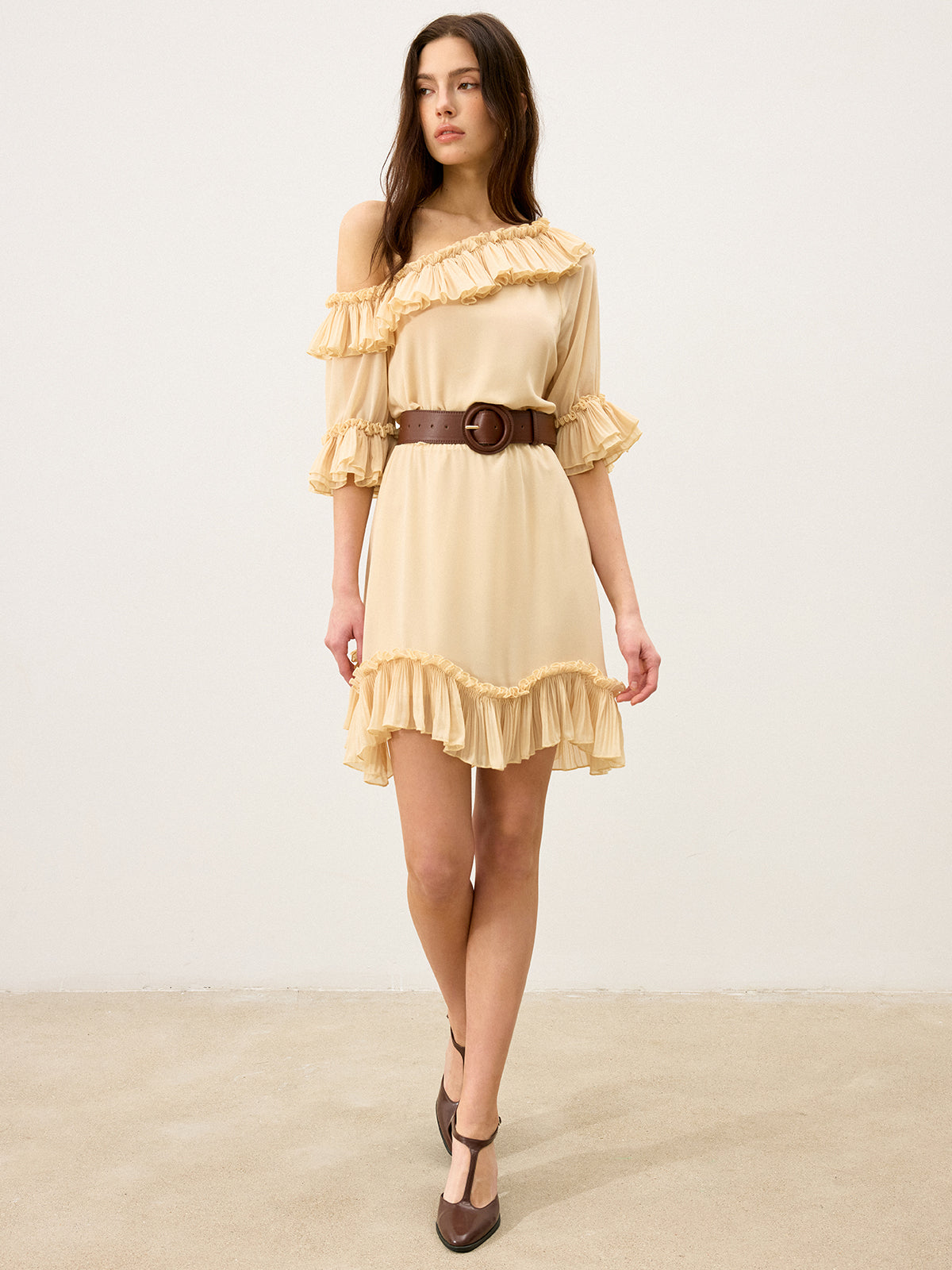 One-Shoulder Chiffon Mini Dress with Ruffle Detail