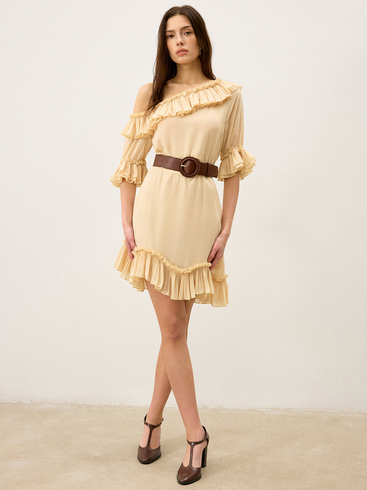 One-Shoulder Chiffon Mini Dress with Ruffle Detail