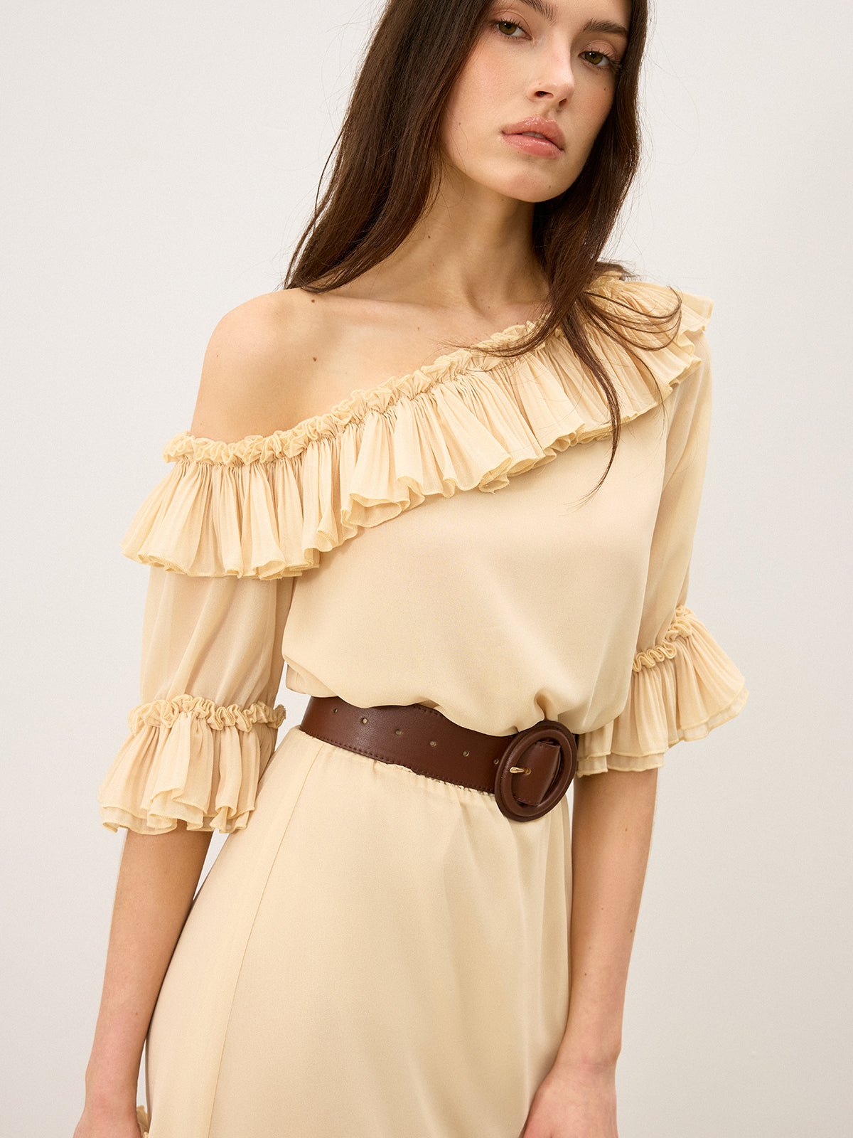 One-Shoulder Chiffon Mini Dress with Ruffle Detail