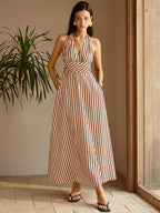 Stripe Design Backless Dress with Pockets