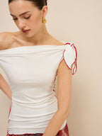 Off-Shoulder Knotted Top with Contrast Trim
