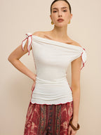 Off-Shoulder Knotted Top with Contrast Trim
