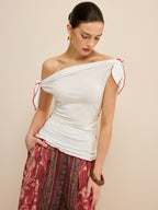 Off-Shoulder Knotted Top with Contrast Trim