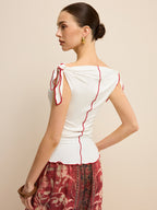 Off-Shoulder Knotted Top with Contrast Trim