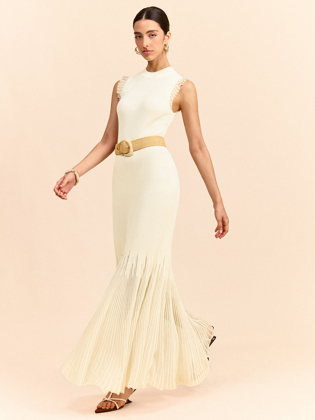 Tulle-Paneled Ruffle Detail Knit Maxi Dress