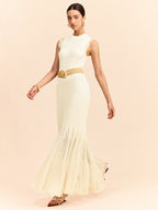 Tulle-Paneled Ruffle Detail Knit Maxi Dress