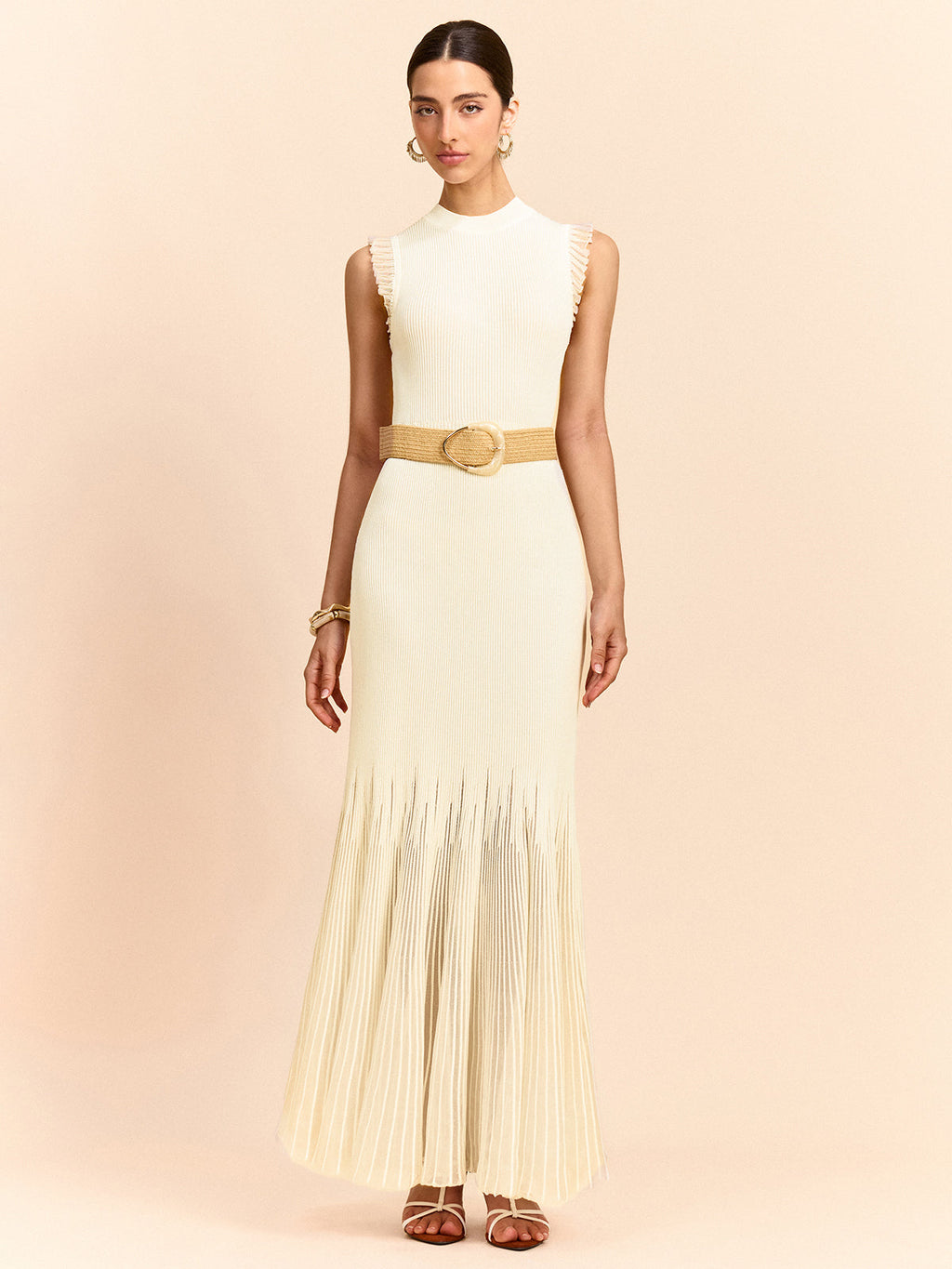 Tulle-Paneled Ruffle Detail Knit Maxi Dress