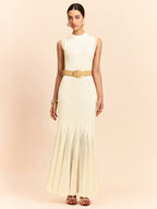 Tulle-Paneled Ruffle Detail Knit Maxi Dress