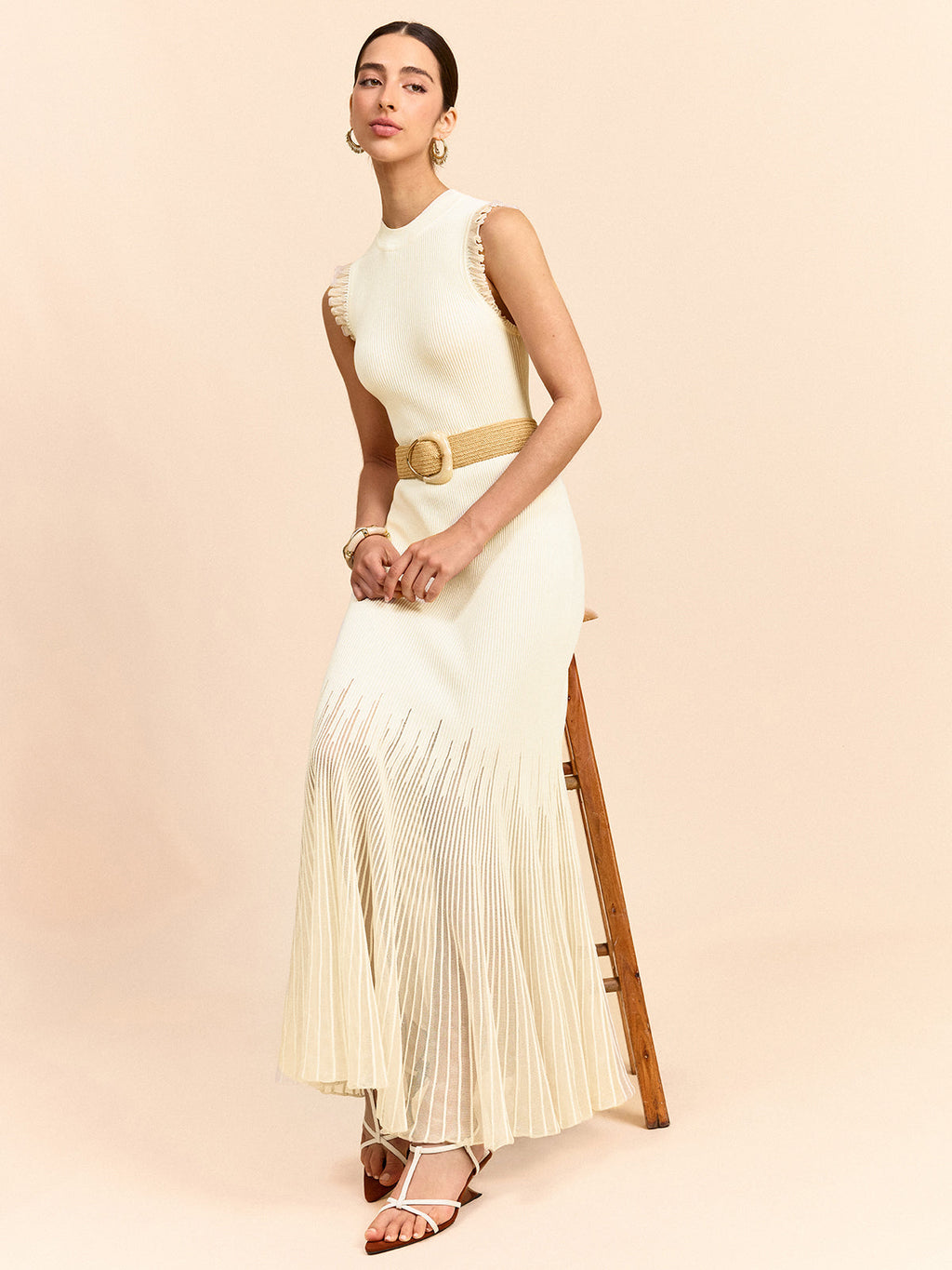 Tulle-Paneled Ruffle Detail Knit Maxi Dress