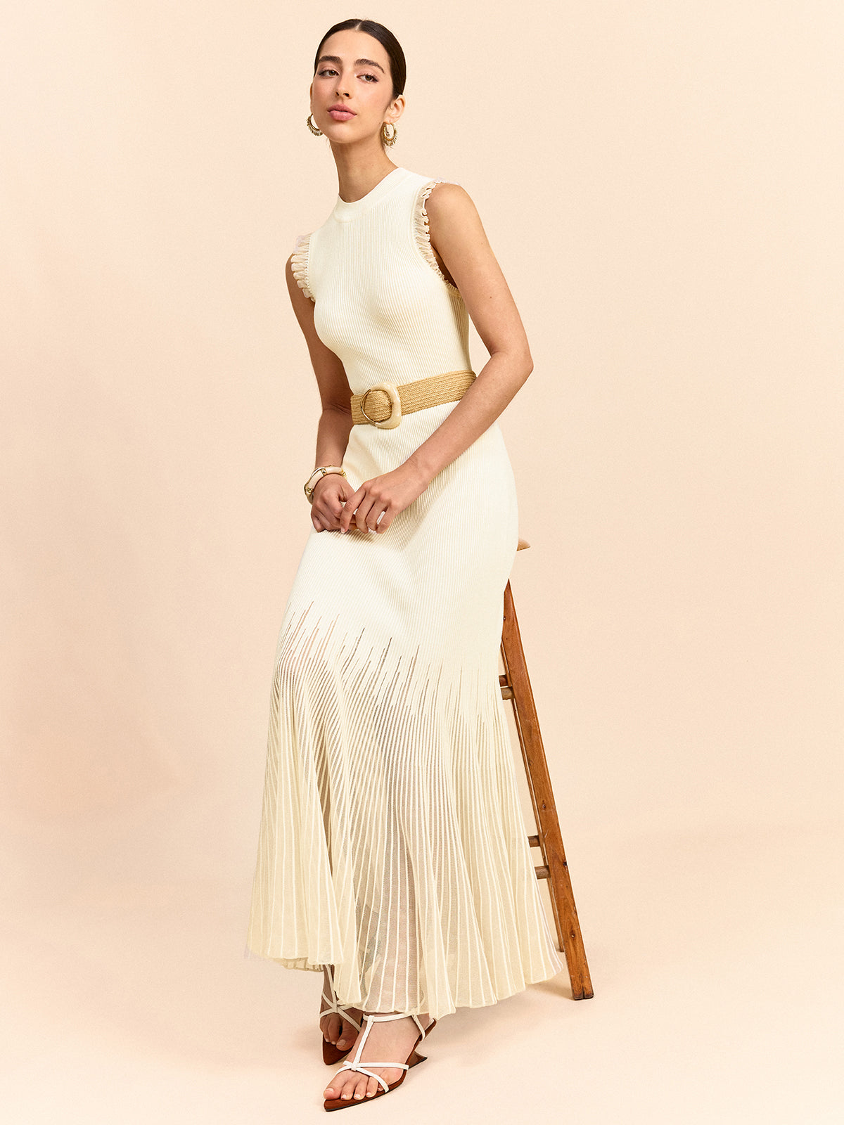 Tulle-Paneled Ruffle Detail Knit Maxi Dress