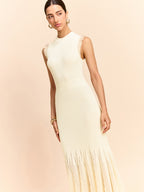 Tulle-Paneled Ruffle Detail Knit Maxi Dress