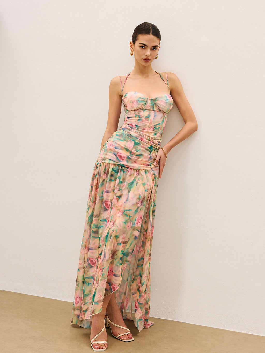 Floral Ruched Cami Dress with Side Split