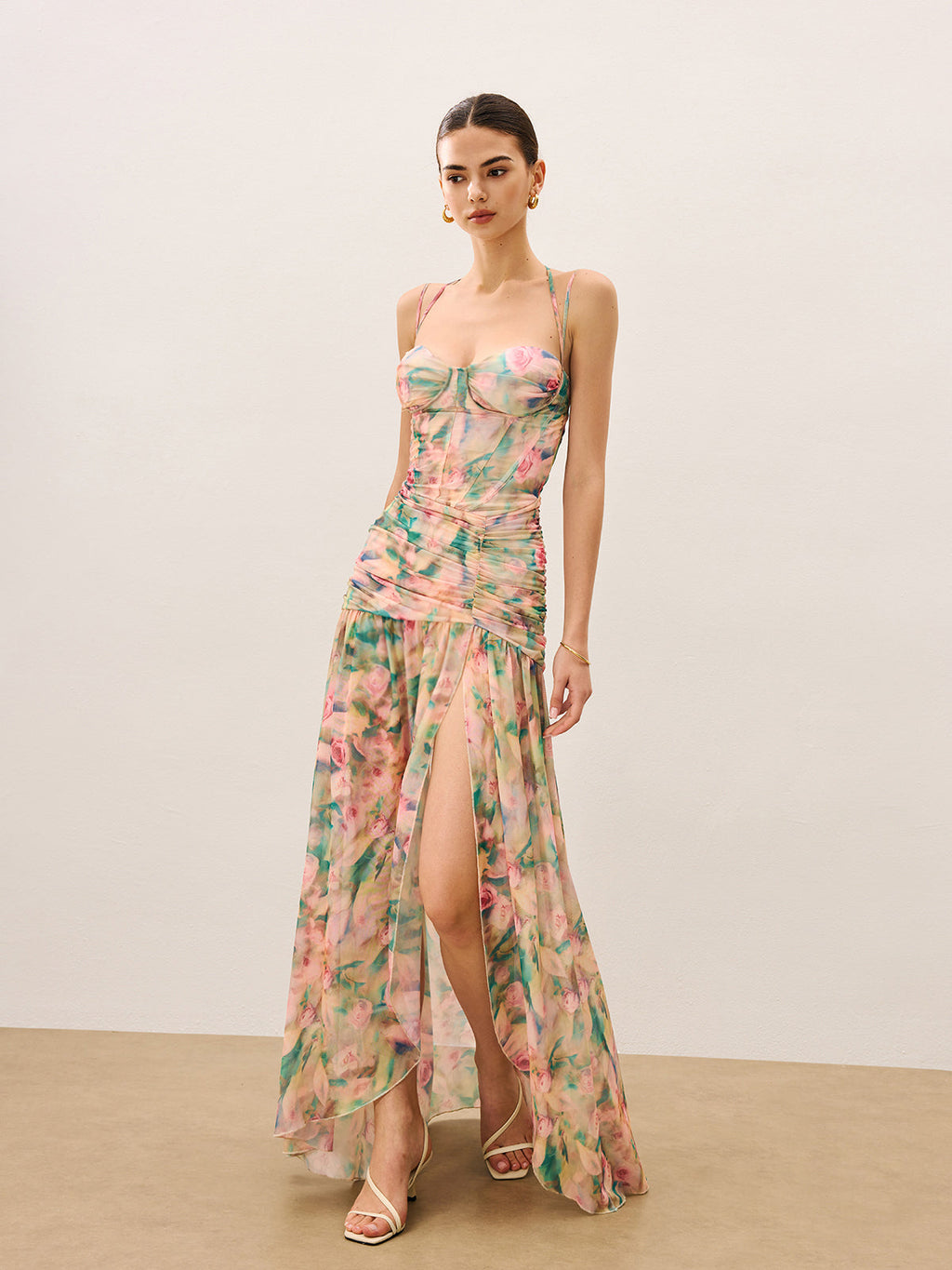 Floral Ruched Cami Dress with Side Split