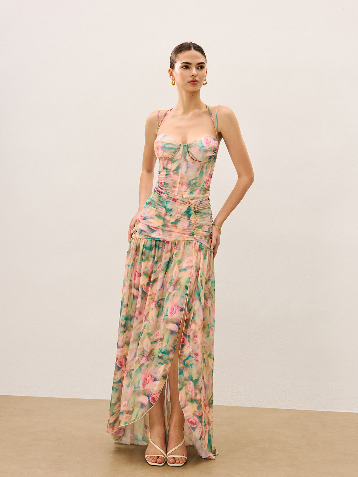 Floral Ruched Cami Dress with Side Split