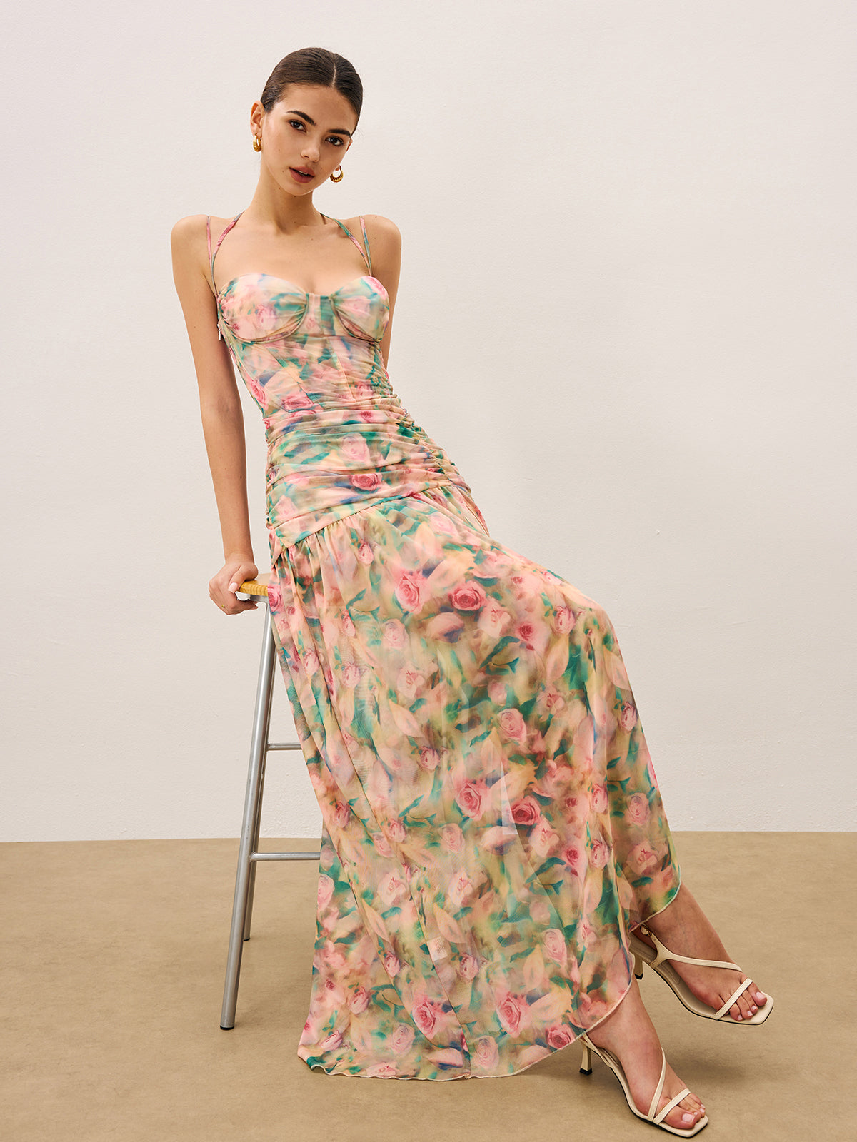 Floral Cami Dress with Ruched Detail and High Split