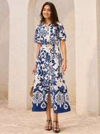 Floral Print Midi Dress with Pocketed Belt Detail