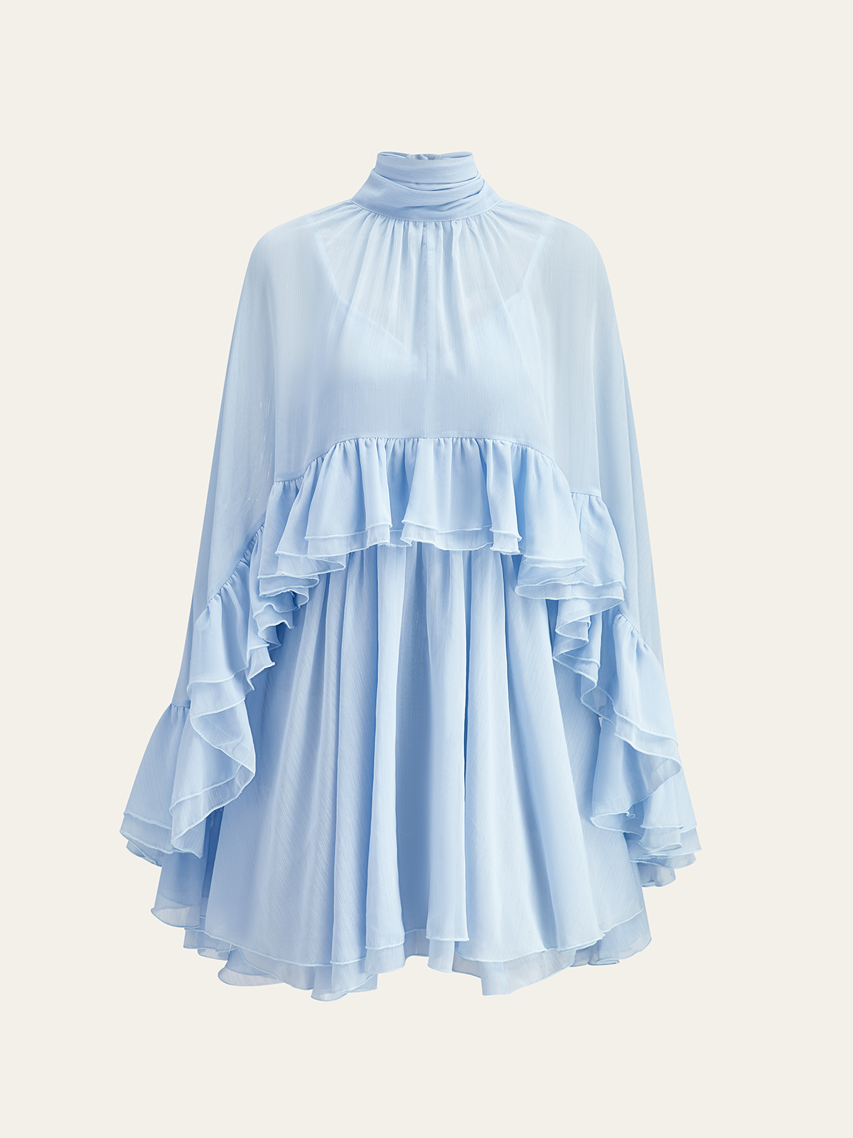 Chiffon Dress with Sheer Ruffles and Attached Cape