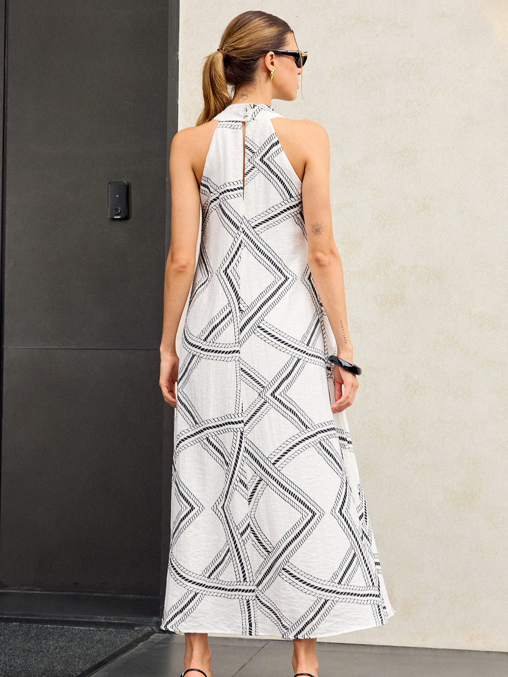 Geometric Pattern Halter Neckline Long Dress