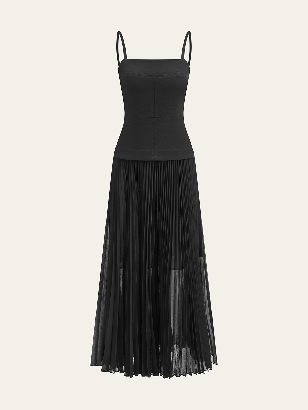 Spaghetti-Strap Backless Maxi Dress with Pleated Design