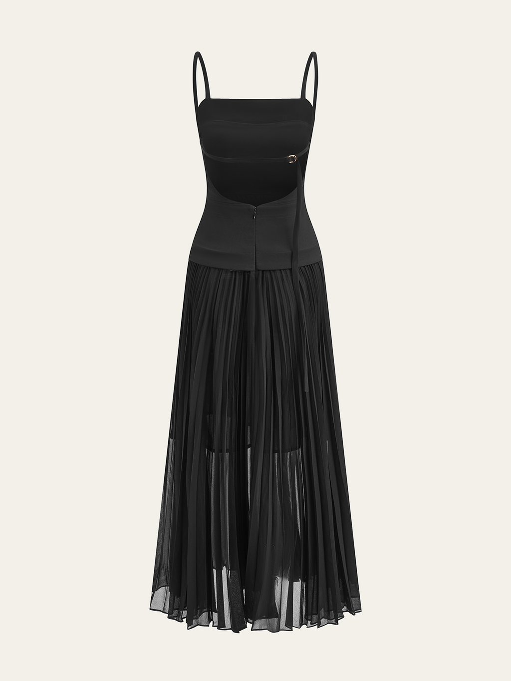 Spaghetti-Strap Backless Maxi Dress with Pleated Design