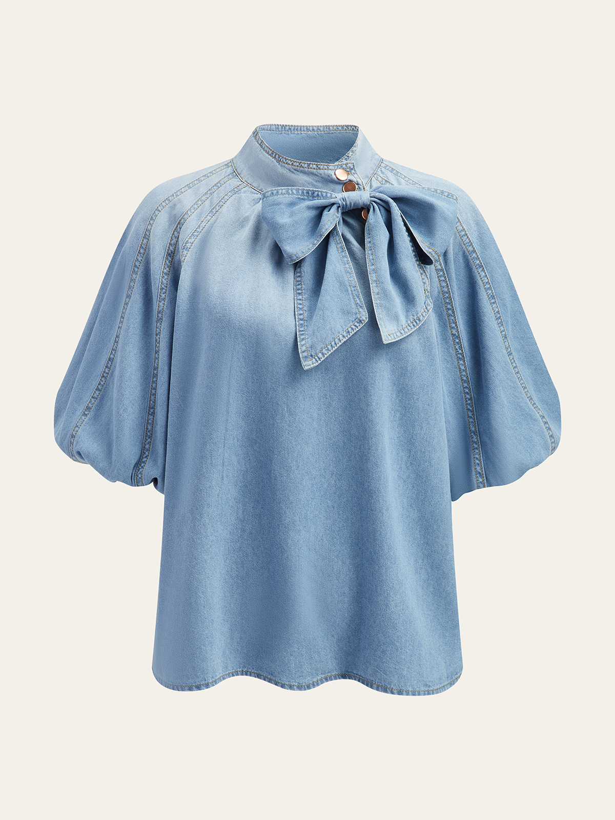 Denim Top with Puff Sleeves and Bow Accent