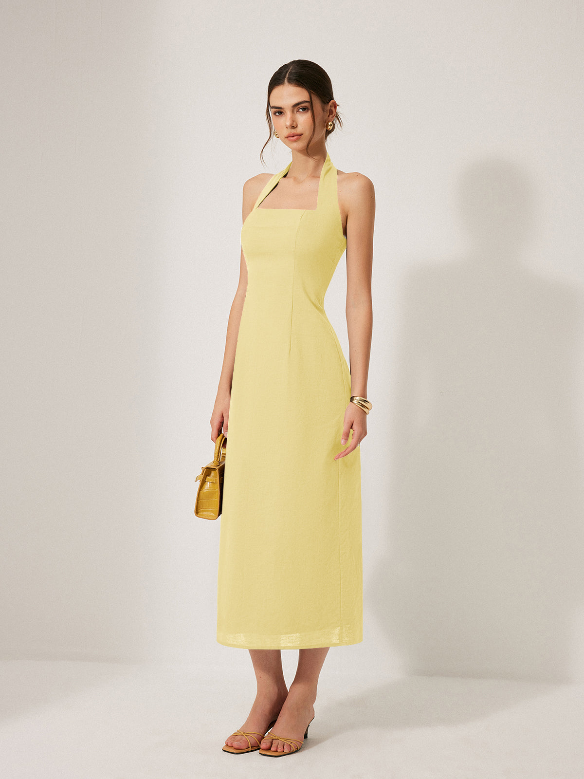 Cotton and Linen Halter Dress with Backless Split