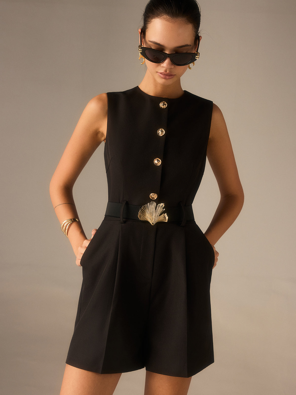 Chic Belted Jumpsuit with Metal Button Detail