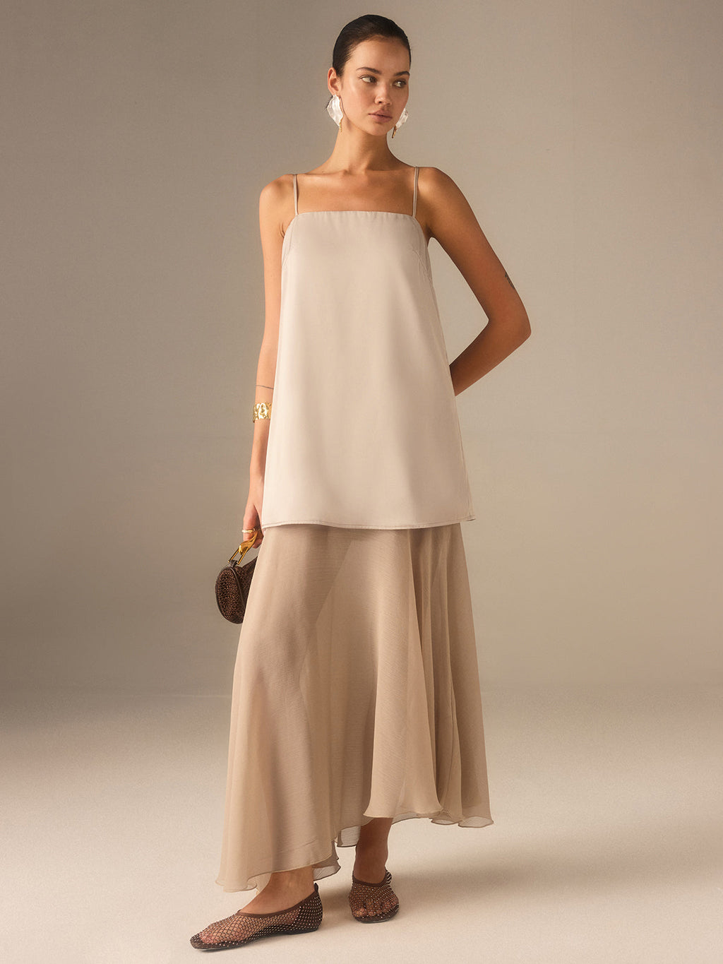 Semi-Sheer Chiffon Cami Maxi Dress with Dual Style
