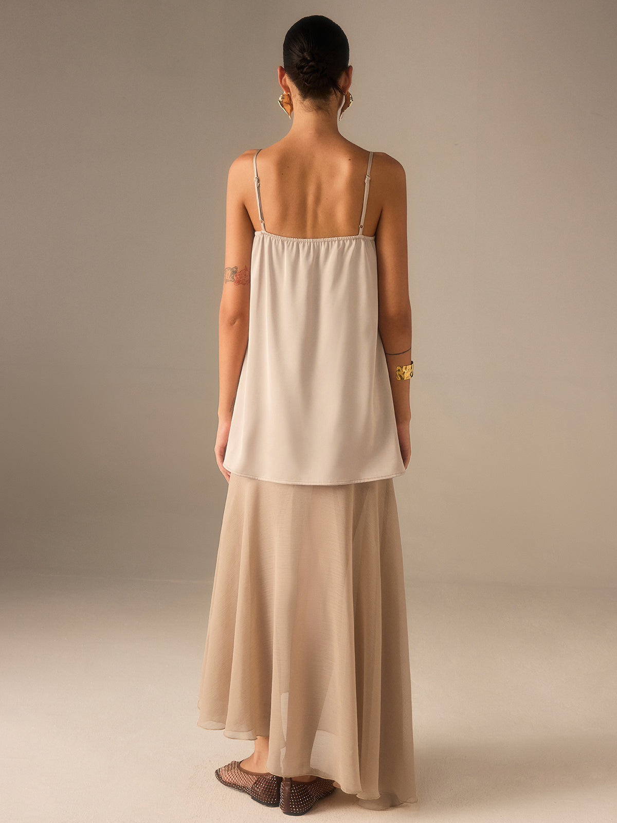 Semi-Sheer Chiffon Cami Maxi Dress with Dual Style