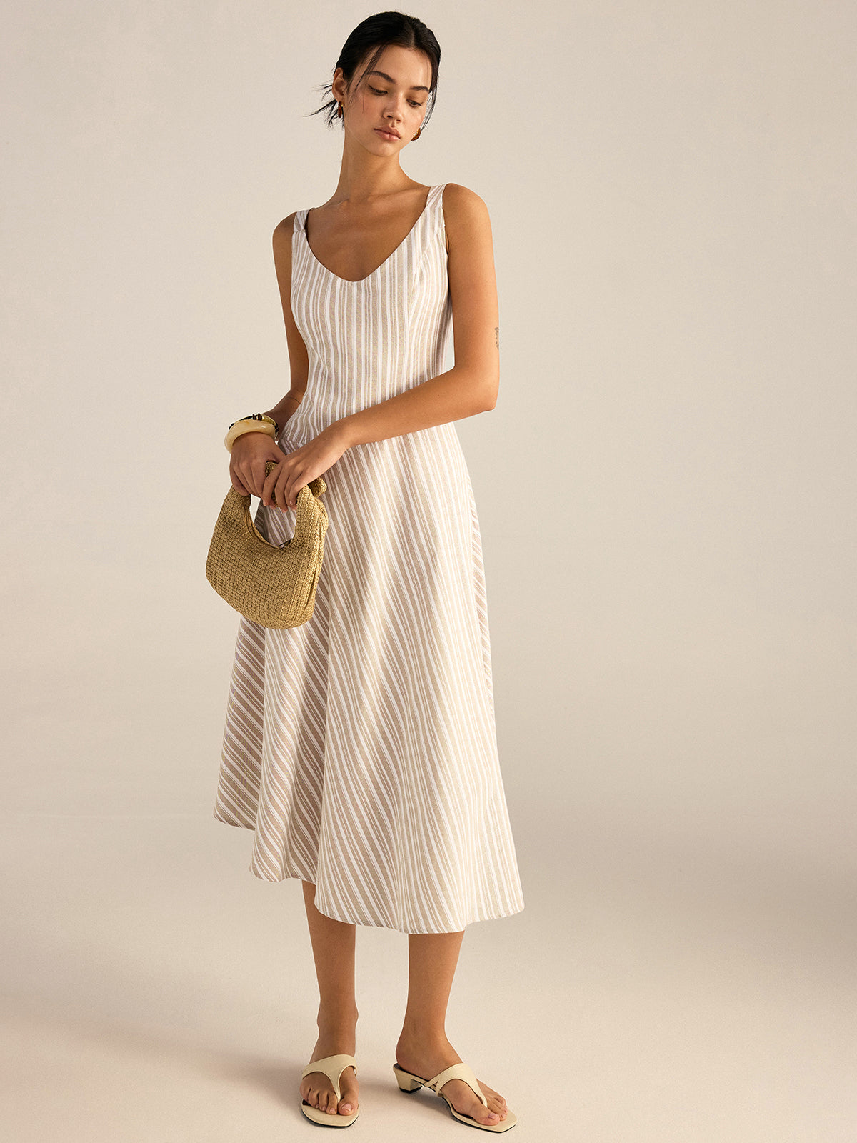 Striped Asymmetrical Hemline Midi Dress