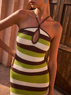 Striped Knit Halter Maxi Dress with Open Back