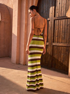 Striped Knit Halter Maxi Dress with Open Back