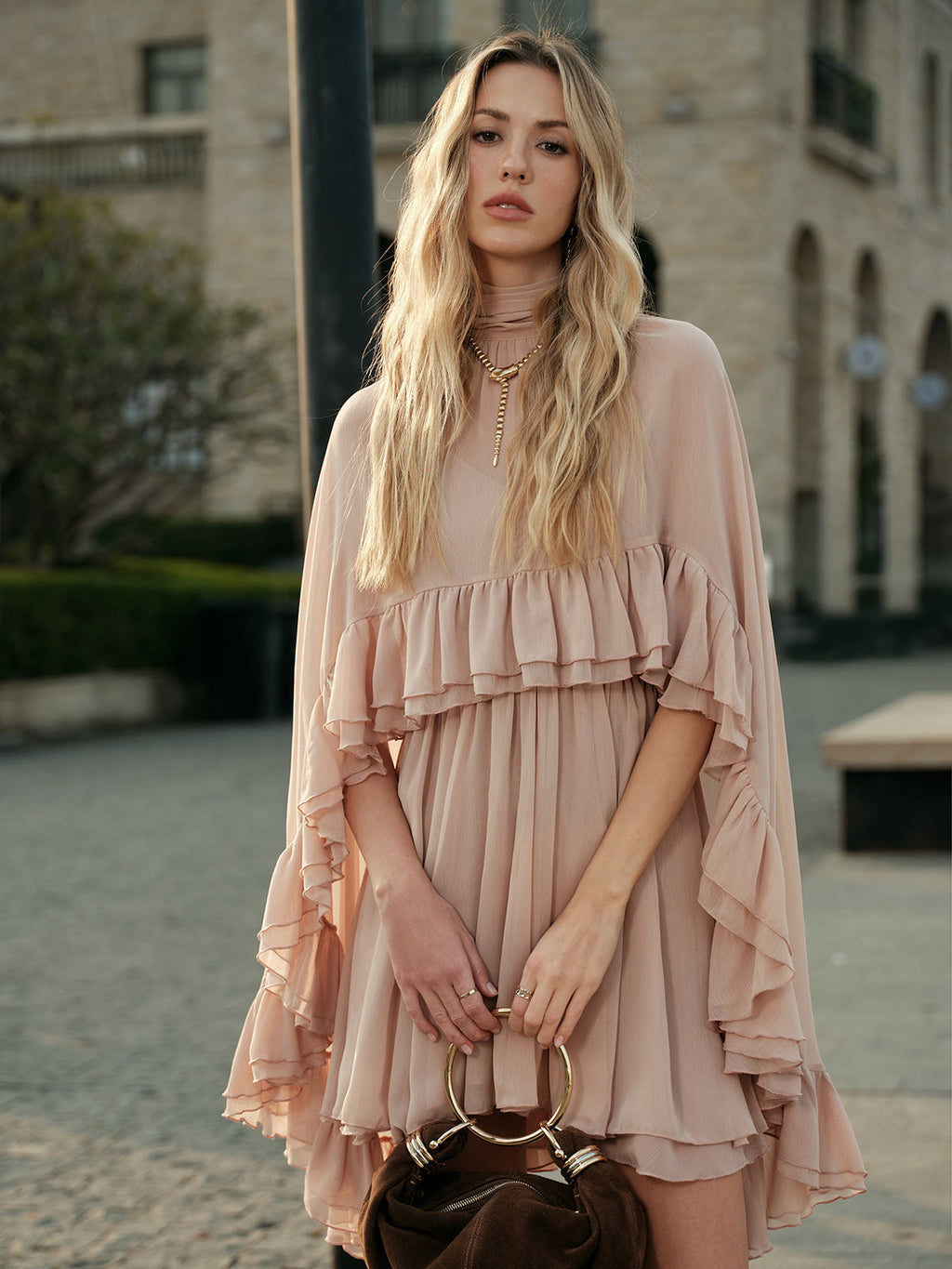 Chiffon Dress with Sheer Ruffles and Attached Cape