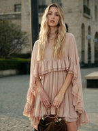 Chiffon Dress with Ruffle Detail and Cape Overlay