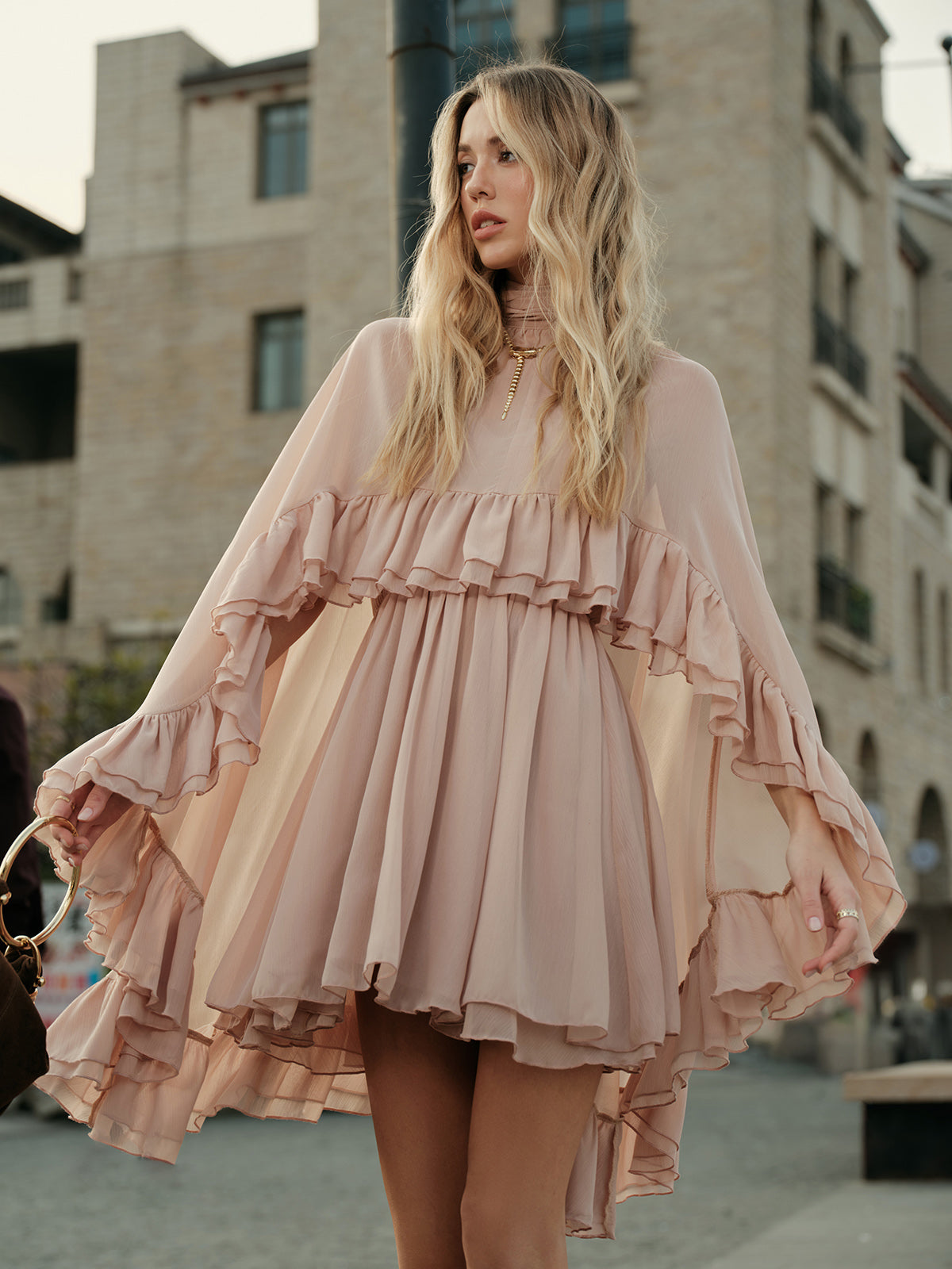 Chiffon Dress with Ruffle Detail and Cape Overlay