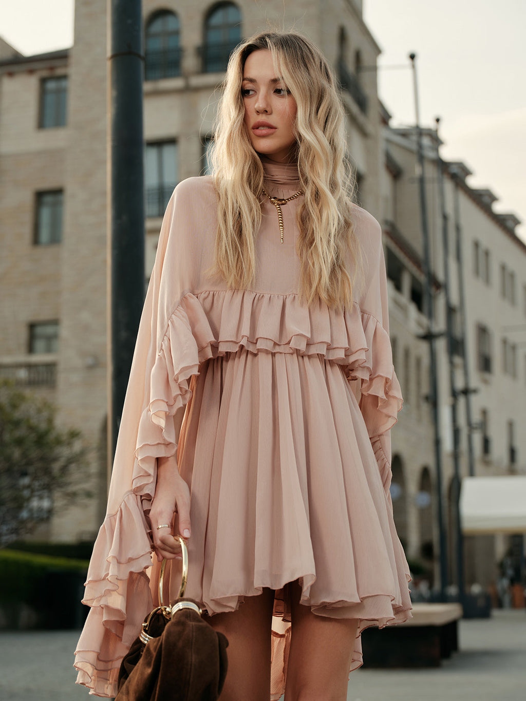 Chiffon Dress with Ruffle Detail and Cape Overlay