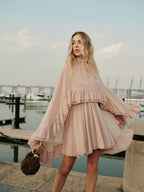 Semi-Sheer Chiffon Dress with Ruffle and Cape