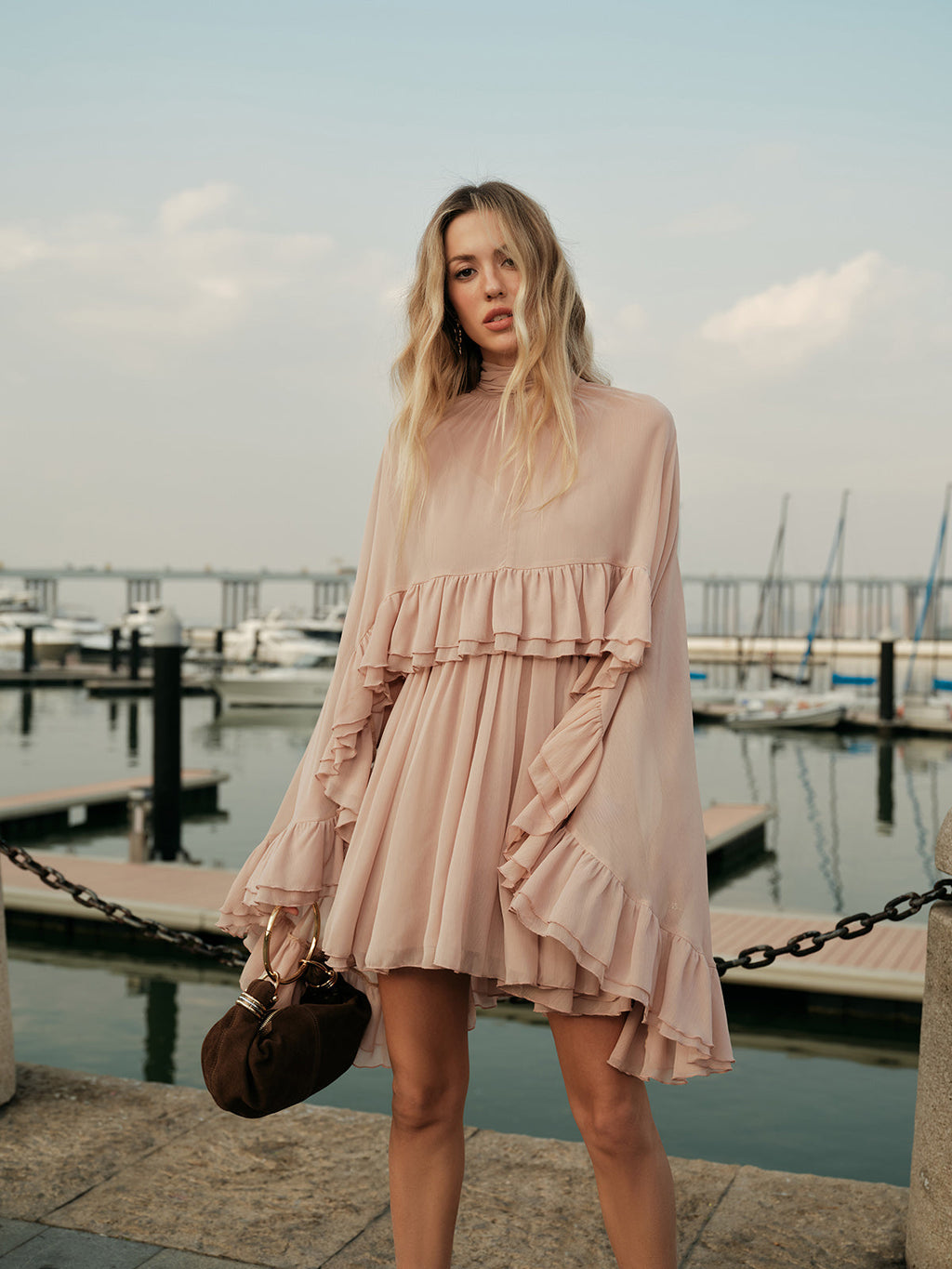 Semi-Sheer Chiffon Dress with Ruffles and Cape