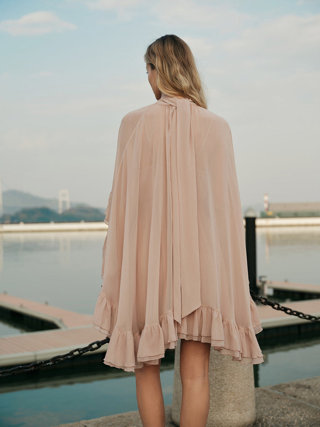 Chiffon Dress with Sheer Ruffles and Attached Cape