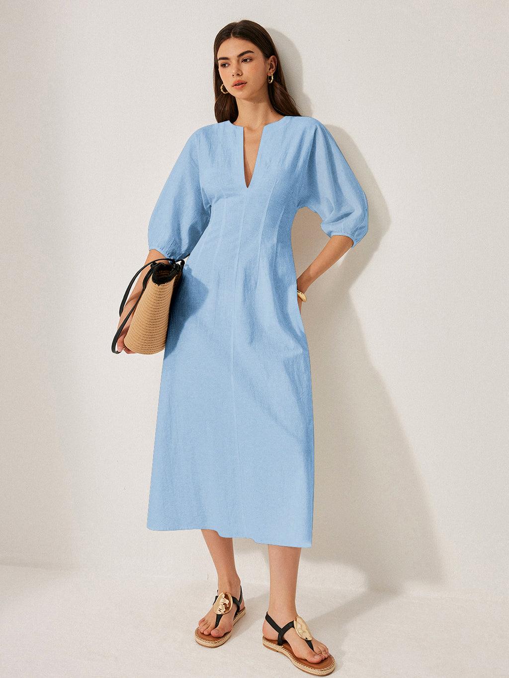Cotton and Linen Dress with Puff Sleeves
