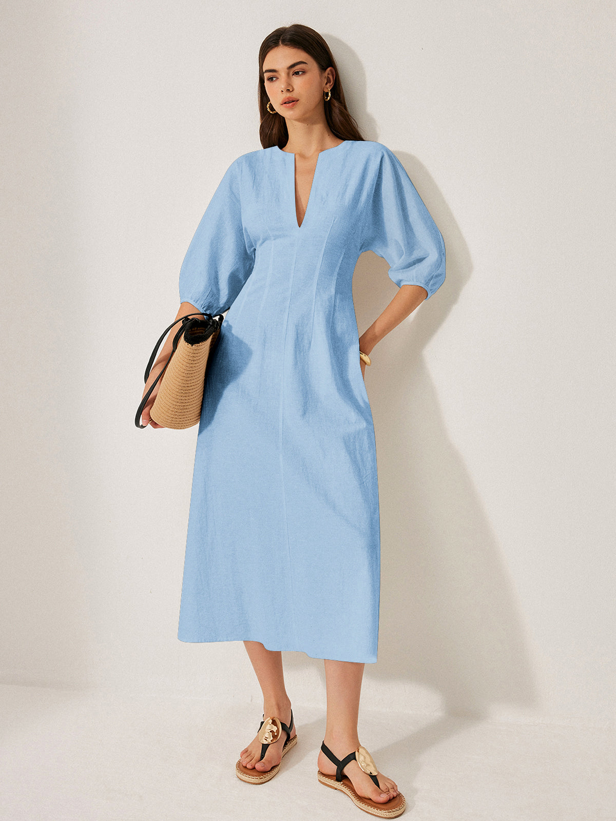 Cotton and Linen Dress with Puff Sleeves