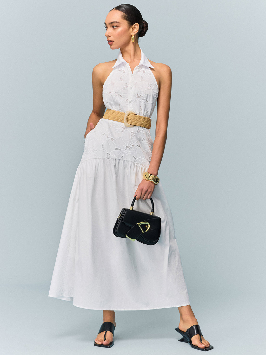Pocketed Halter Neck Dress with Embroidery, No Belt