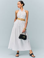 Pocketed Halter Neck Dress with Embroidery, No Belt