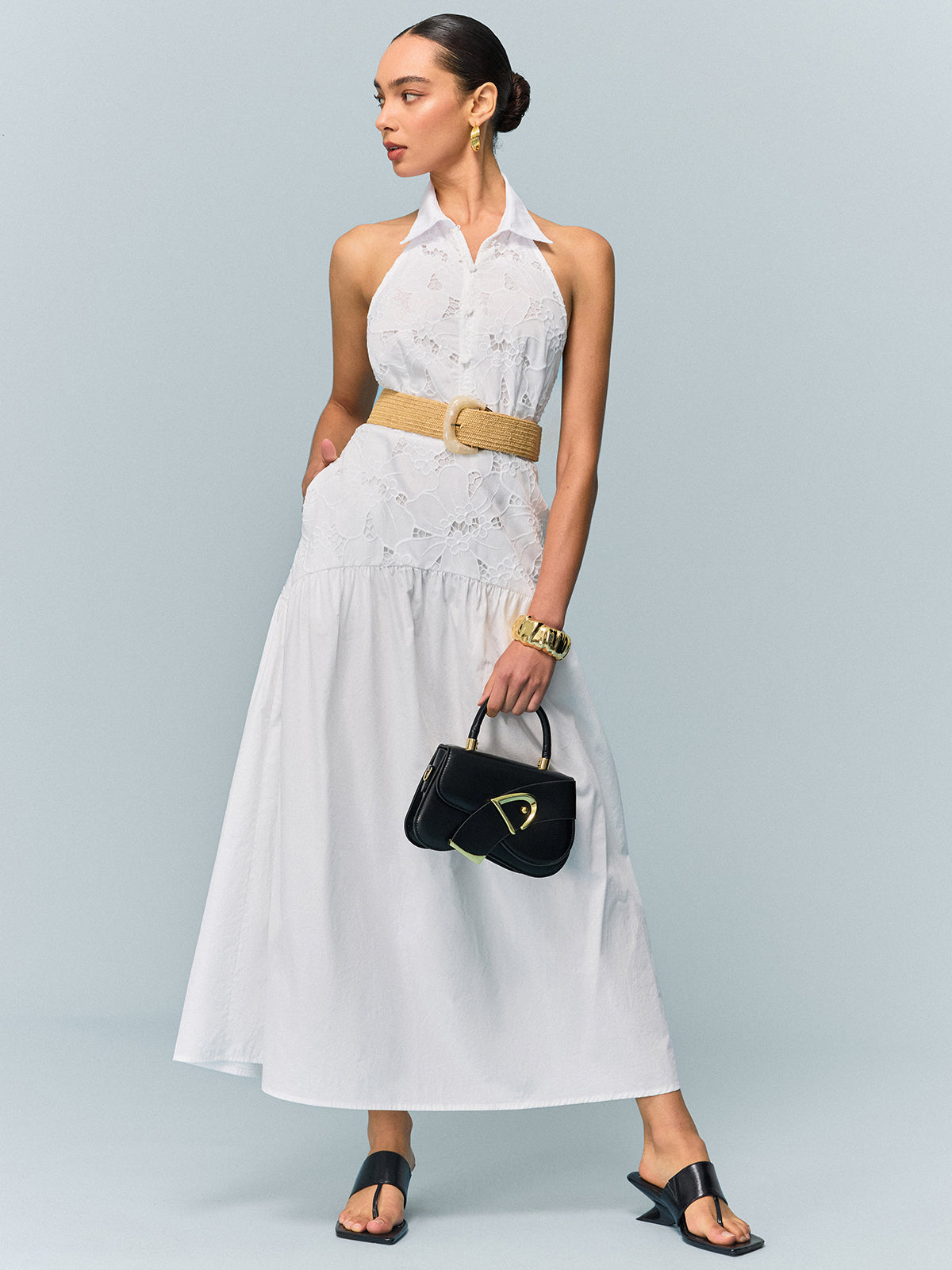 Pocketed Halter Neck Dress with Embroidery, No Belt
