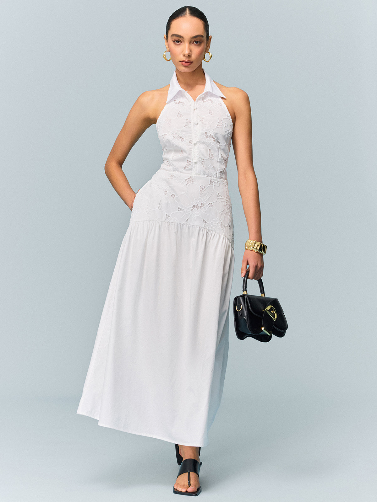 Pocketed Halter Neck Dress with Embroidery, No Belt