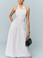 Pocketed Halter Neck Dress with Embroidery, No Belt