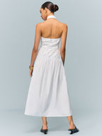 Pocketed Halter Neck Dress with Embroidery, No Belt